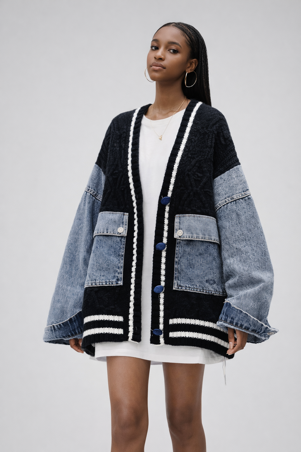 DENIM PATCHWORK KNIT CARDIGAN