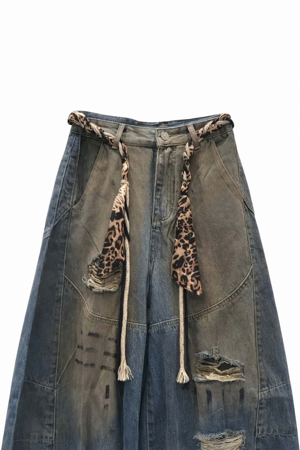 DISTRESSED PANEL DENIM PANTS