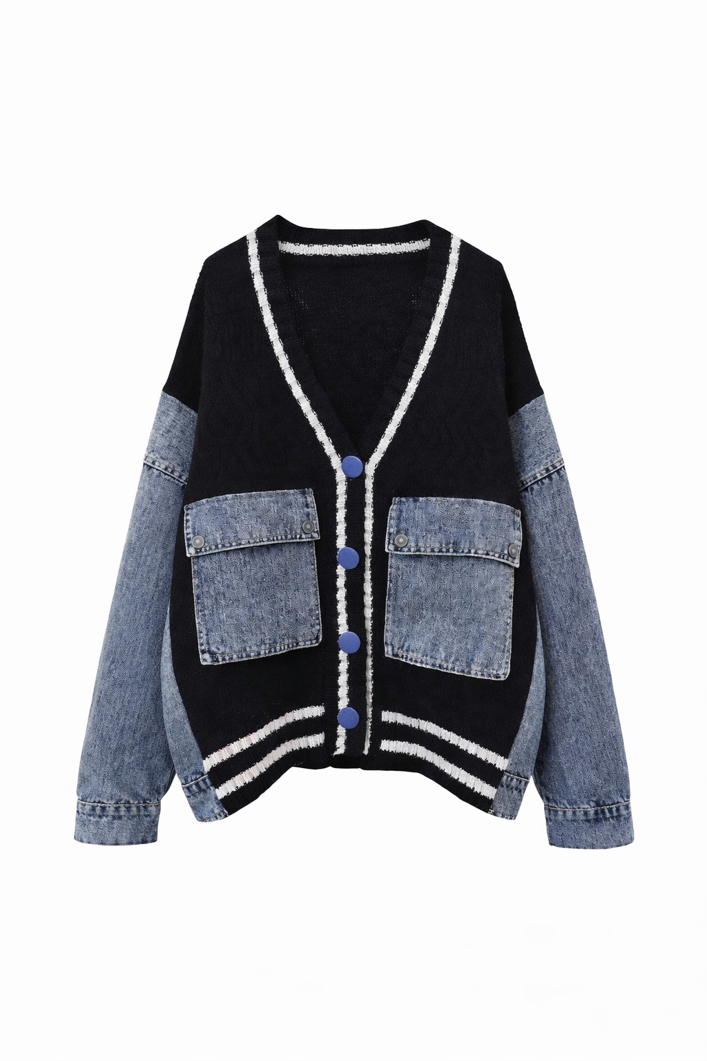 DENIM PATCHWORK KNIT CARDIGAN