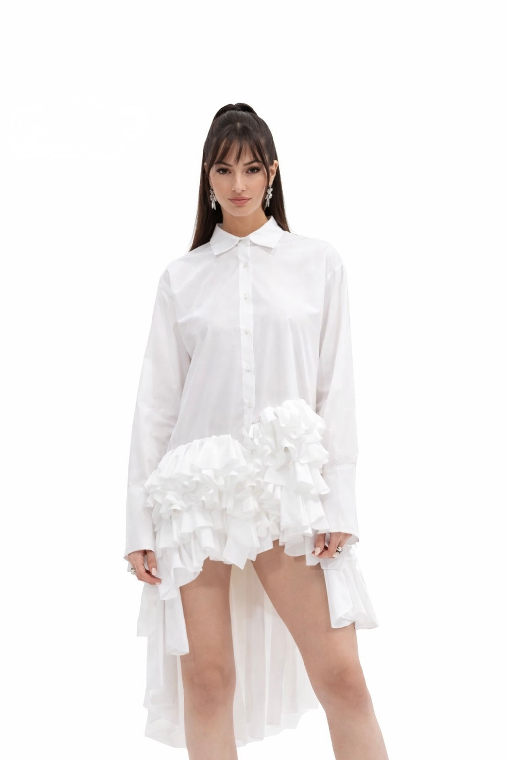 ASYMMETRIC RUFFLE SHIRT DRESS