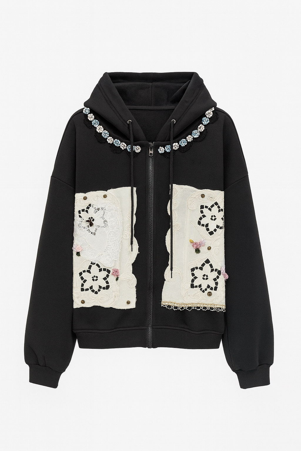 FLORAL LACE EMBELLISHED HOODIE