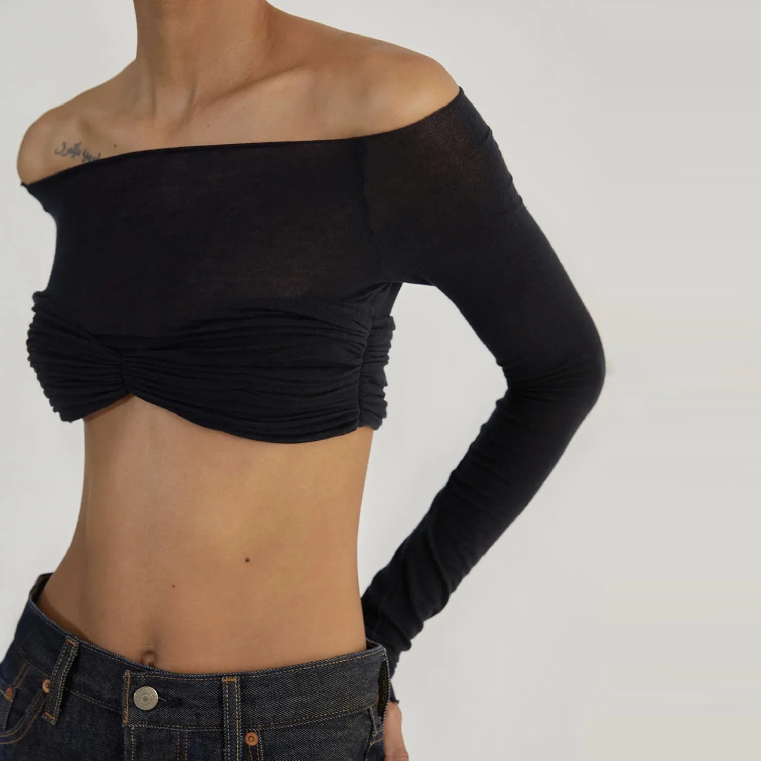 SHEER OFF-SHOULDER RUCHED CROP TOP