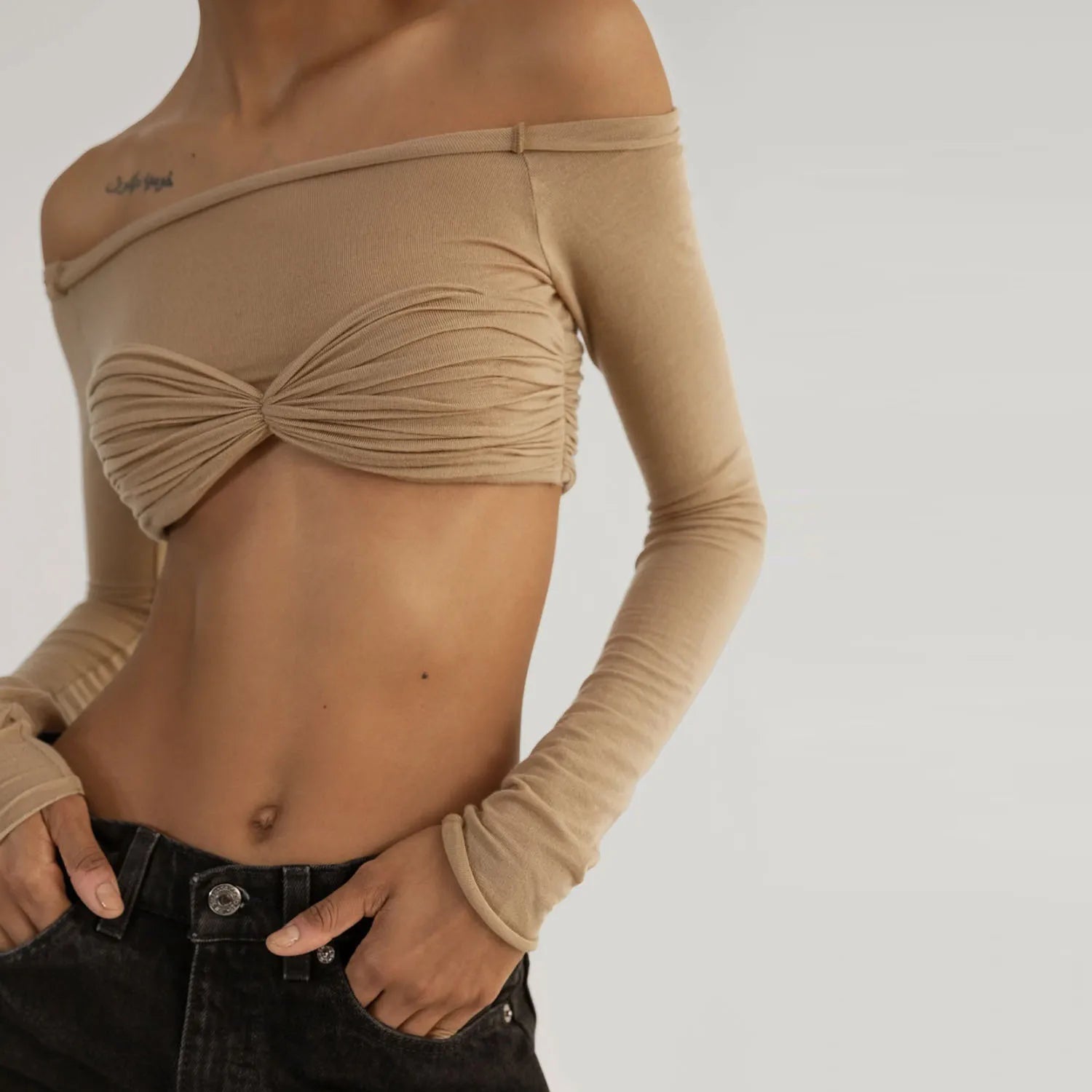 SHEER OFF-SHOULDER RUCHED CROP TOP
