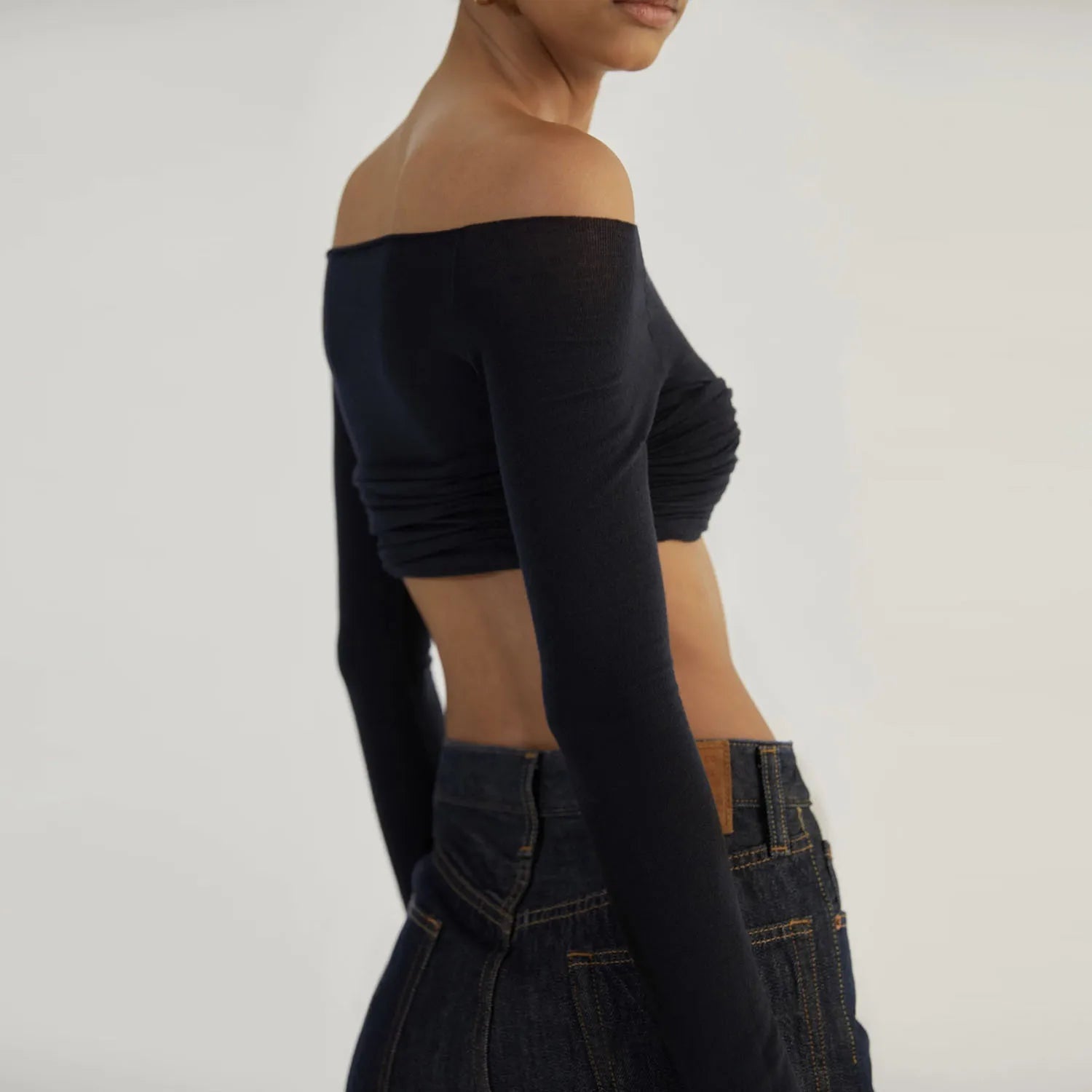 SHEER OFF-SHOULDER RUCHED CROP TOP