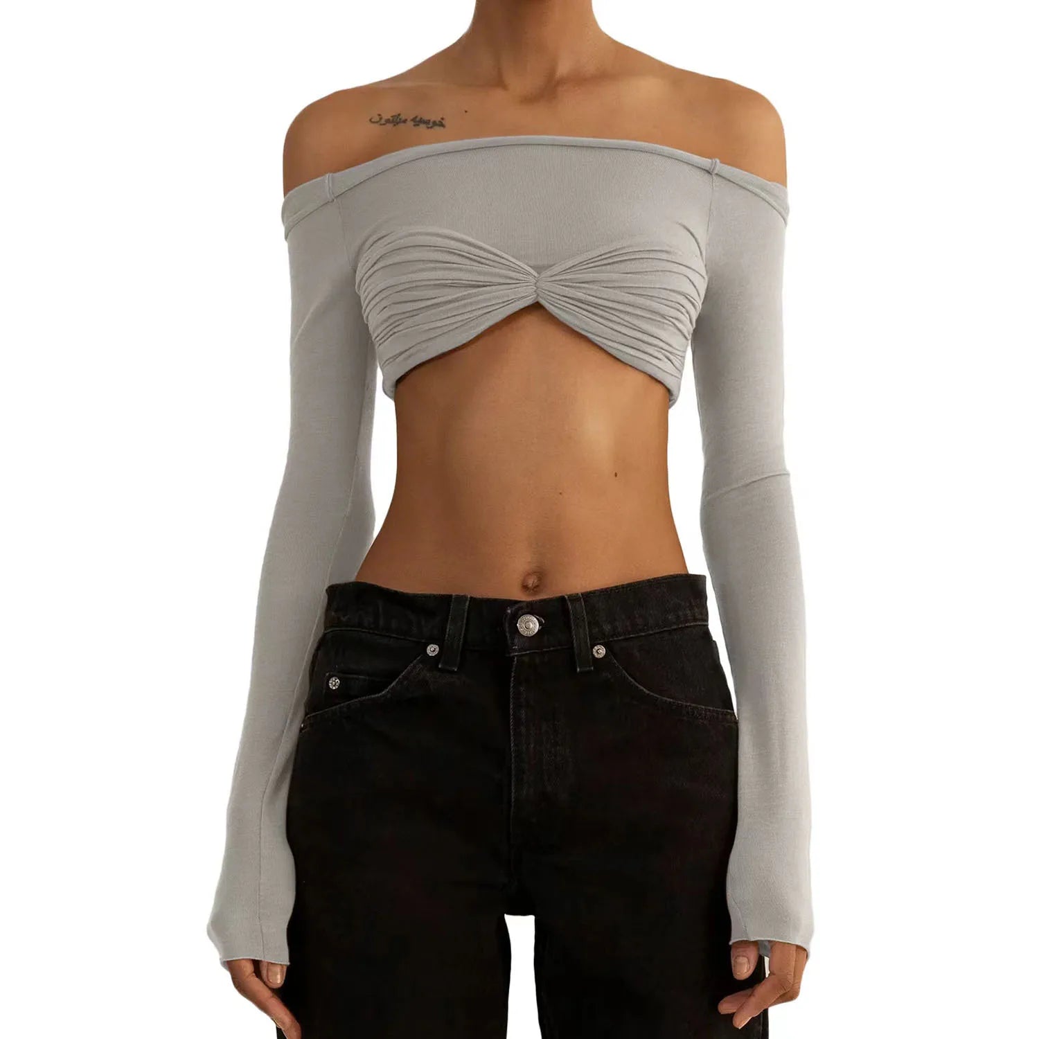 SHEER OFF-SHOULDER RUCHED CROP TOP