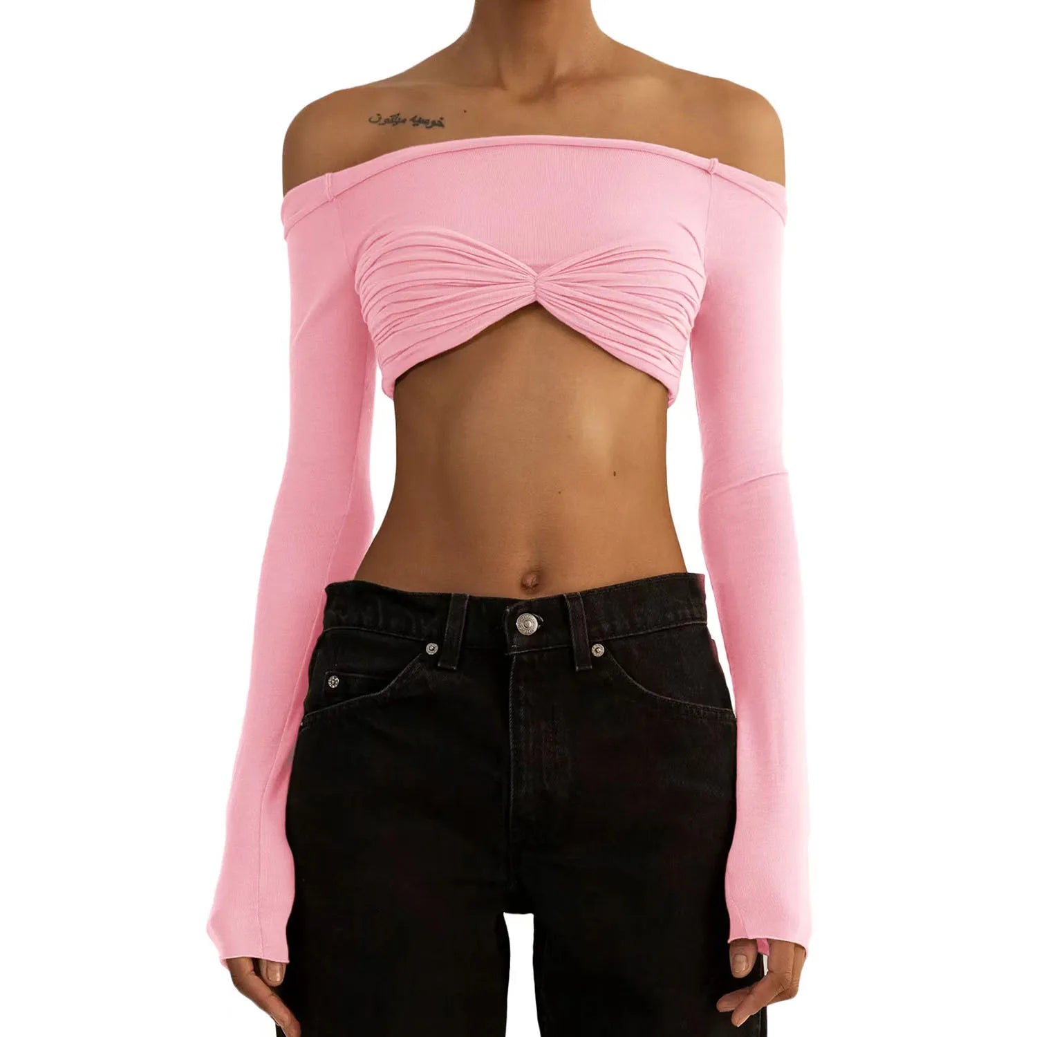 SHEER OFF-SHOULDER RUCHED CROP TOP