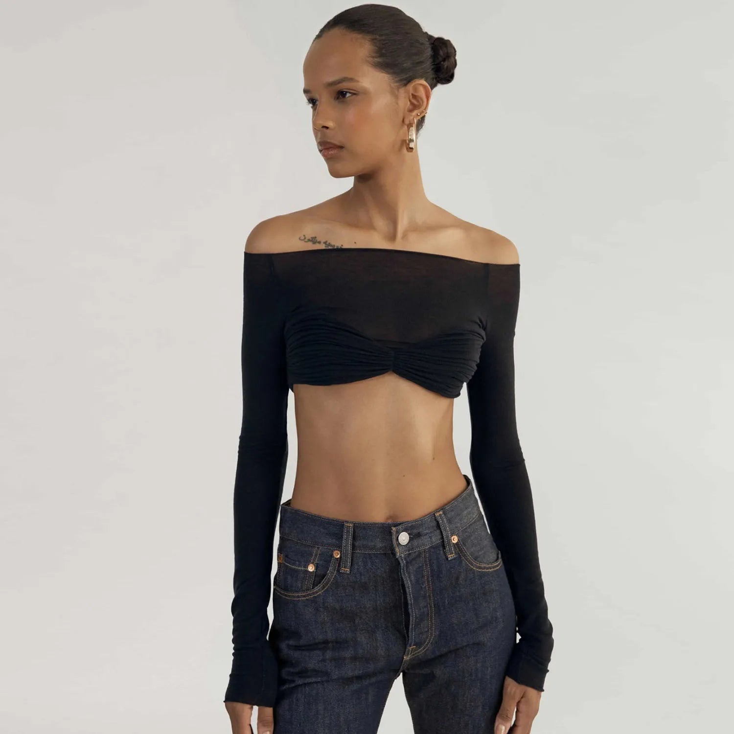 SHEER OFF-SHOULDER RUCHED CROP TOP